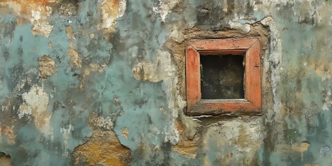 Aged and weathered wall featuring an immured window creates a unique visual, showcasing the beauty of decay. This old gungy wall highlights textures and colors that tell a story.