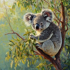 Obraz premium Koala sitting on eucalyptus tree branch, eating leaves.