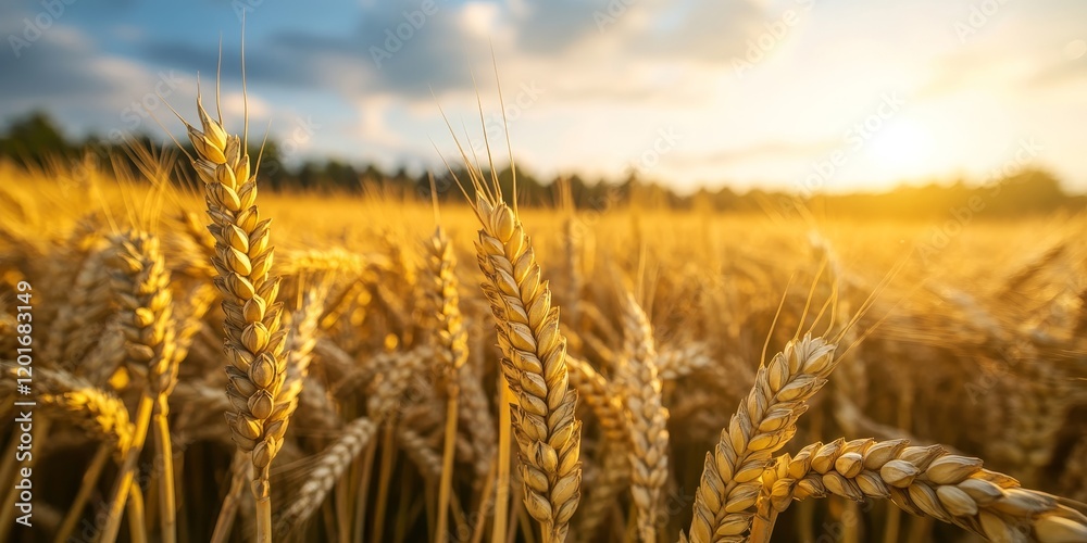 Poster ripe cereal field captured with selective focus, showcasing the abundant grains and the lush landsca