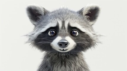 Obraz premium A quirky cartoon raccoon with big ears, a striped tail, and a sly grin, featuring gray fur and black-and-white markings against a plain white background.