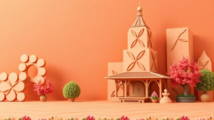 Serene Minimalist Peach Cityscape with Blossom Trees and Geometric Shapes