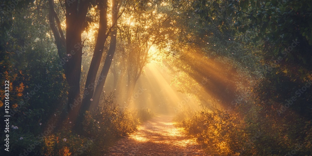 Poster serene forest path illuminated by sun rays at sunrise, enveloped in a gentle fog. this enchanting fo