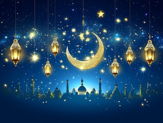 Festive Islamic Night Scene With Lanterns and Mosques