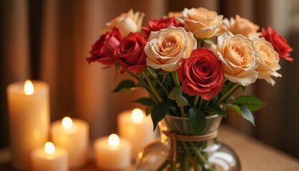 Obraz premium Bouquet of red and orange roses beside lit candles