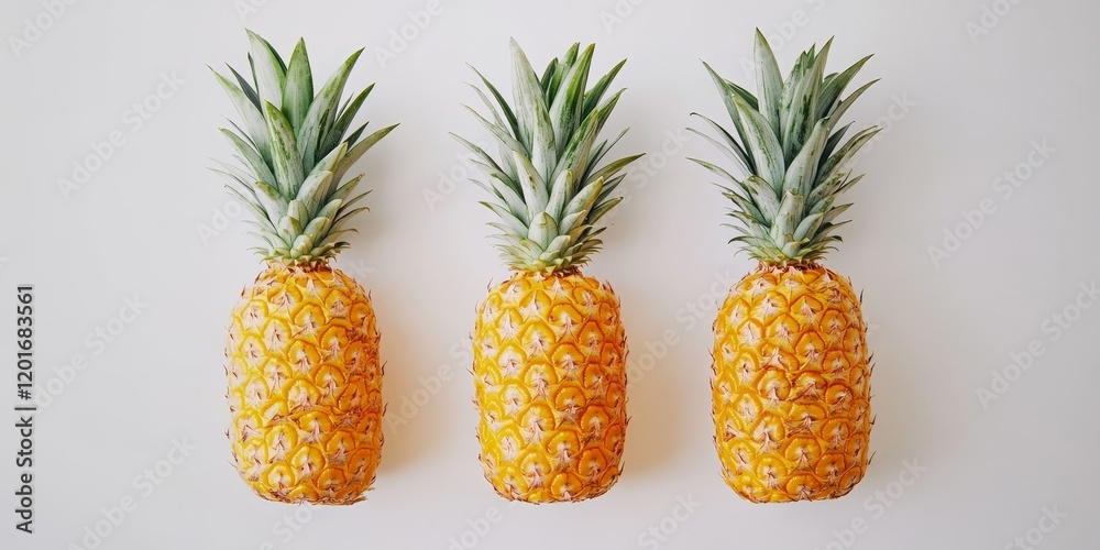 Poster fresh ripe pineapples displayed on a clean white background, showcasing the vibrant color and textur