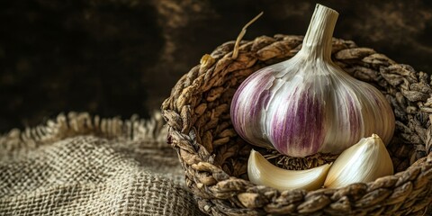 Closeup of a garlic clove alongside a garlic bulb, beautifully arranged in a wicker basket, creating a rustic appeal on a textured hemp sack background. Perfect for garlic lovers and culinary themes.