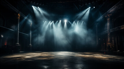 Spotlight shines on a stage with dark curtains and dramatic lighting effects. Generative AI