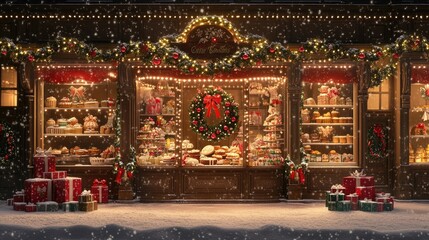 Fototapeta premium 1. **Showcase of Christmas Decorations in a Shop on a Winter Evening**