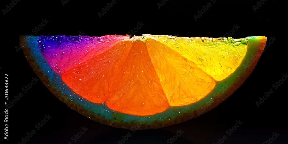 Poster a lively orange wedge adorned with a spectrum of rainbow colors set against a dark black backdrop cr