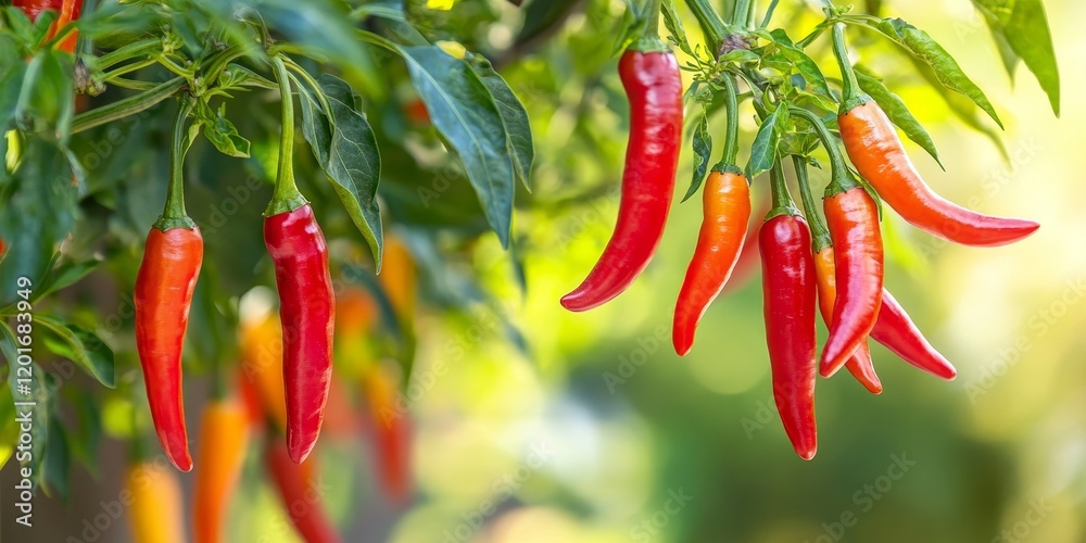 Poster vibrant red and orange cayenne peppers hang from the branches of a tree, showcasing the beauty of fr