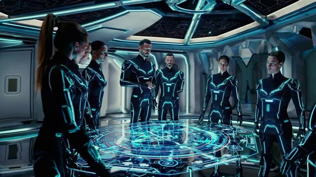 Spaceship crew members in uniform gather around a futuristic holographic table, discussing strategy and mission objectives in a high-tech meeting room