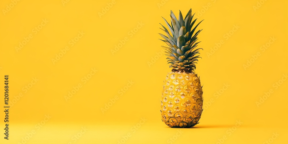 Poster single pineapple featured against a vibrant solid color background, highlighting the unique textures