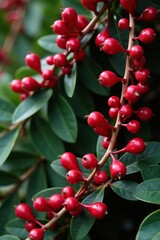 Fototapeta premium Red cranberry garland on tan eucalyptus foliage, evergreen, eucalyptus, red
