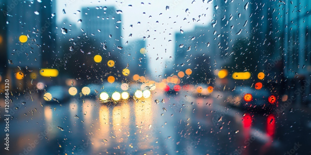 Poster Blurred image showcasing drops of rain on a mirror, featuring buildings and a road in the background. This captivating scene of rain and reflections creates a unique atmosphere.