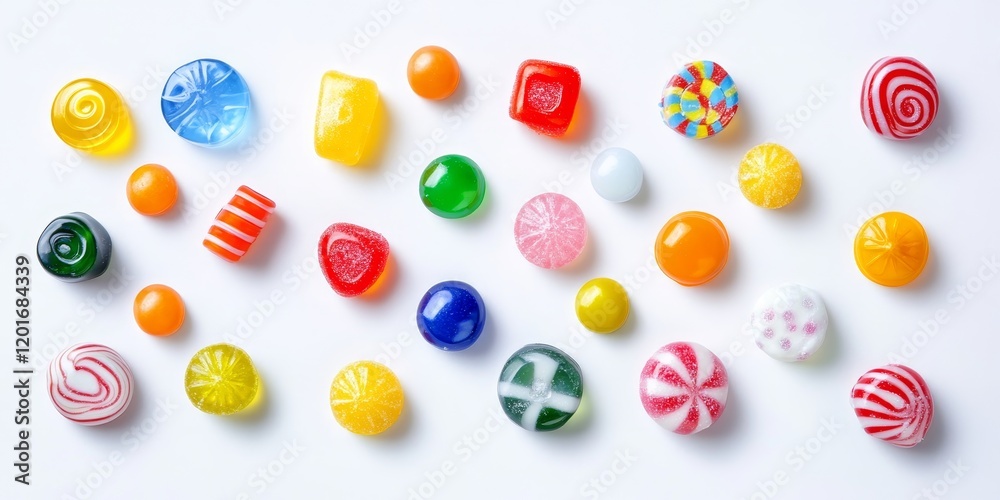 Poster vibrant colorful candies displayed on a white background, showcasing an assortment of delightful tre