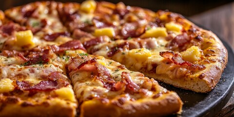 Close up view of a delicious bacon cheese pizza, featuring a Hawaiian twist with toppings that enhance the flavor. This bacon cheese pizza showcases the perfect blend of ingredients for pizza lovers.