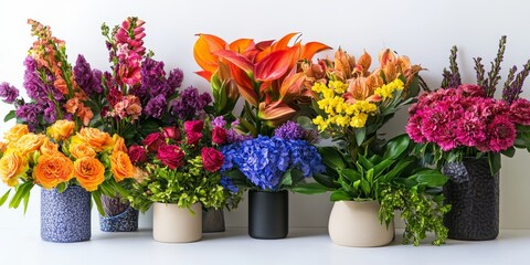 Obraz premium Floral arrangements beautifully displayed on a white background, showcasing a variety of vibrant colors and designs. These floral arrangements highlight the artistry of nature s blooms.