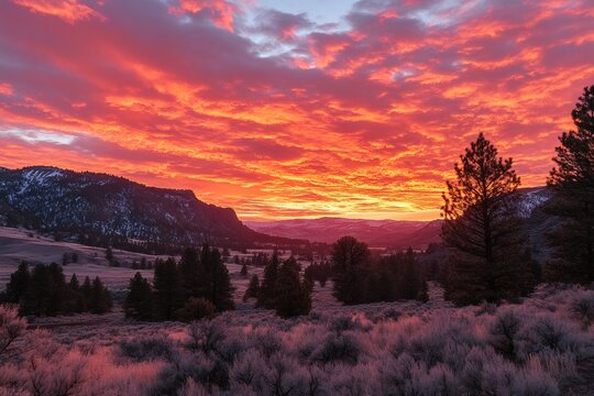 Vibrant sunrise illuminating snowy mountain valley and pine trees
