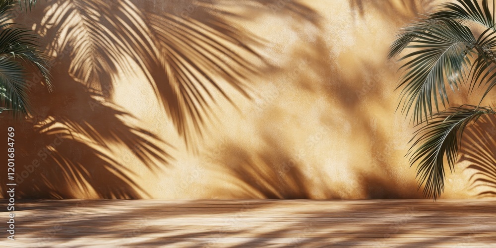Poster Shadows of palm leaves cast on a brown wall and floor create an abstract backdrop with ample space for text. This natural scene embodies a sunny day, ideal for minimal summer themes.