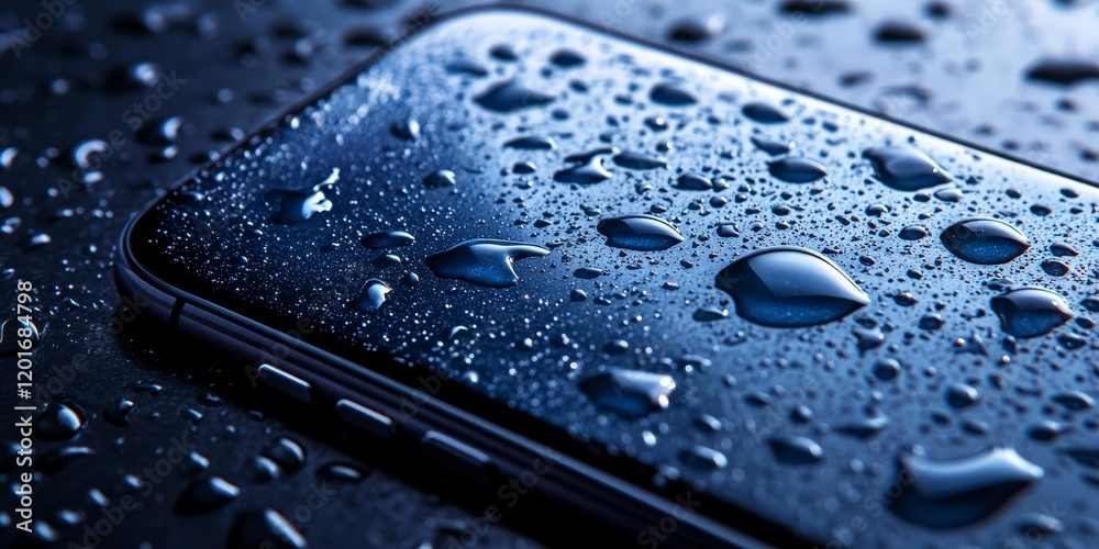 Aufkleber Water drops on the phone create a captivating visual effect, emphasizing the interaction between water and the phone, showcasing the beauty of water drops on a sleek device surface.