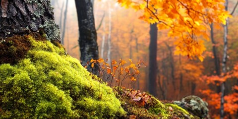 Vibrant tree moss thrives in the enchanting colors of the autumn forest, creating a stunning visual contrast as the tree moss complements the rich hues of fall foliage in nature.