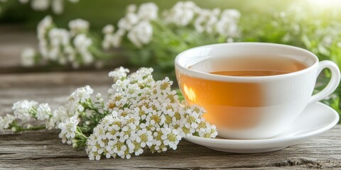Herbal tea served in a white ceramic cup, accompanied by fresh yarrow flowers, also known as Achillea millefolium. This delightful herbal tea showcases the beauty of yarrow.