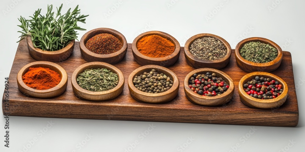 Poster assorted herbs and spices beautifully arranged on wooden boards create a visually appealing display 