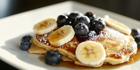 Delicious pancakes topped with fresh banana and blueberries, beautifully arranged on a white plate, capturing the essence of breakfast indulgence with a selective focus on the vibrant toppings.