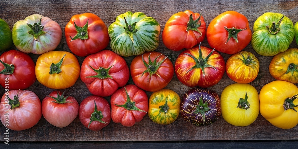 Poster a vertical image showcasing vibrant heirloom tomatoes arranged on a rustic wooden board, highlightin