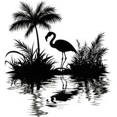 Black and white drawing of a flamingo standing in a body of water next to a pa