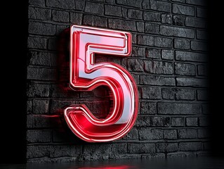 A red neon number five on a brick wall