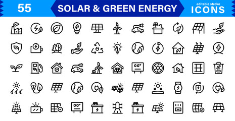 Solar and Green Energy Icon Set. Eco-Friendly Illustrations for Renewable Power, Solar Panels, and Sustainability Solutions