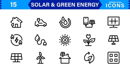 Solar and Green Energy Icon Set. Eco-Friendly Illustrations for Renewable Power, Solar Panels, and Sustainability Solutions