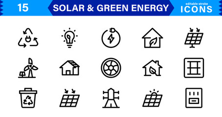Solar and Green Energy Icon Set. Eco-Friendly Illustrations for Renewable Power, Solar Panels, and Sustainability Solutions