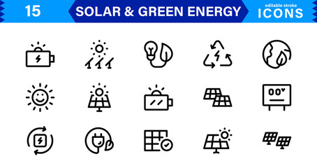 Solar and Green Energy Icon Set. Eco-Friendly Illustrations for Renewable Power, Solar Panels, and Sustainability Solutions