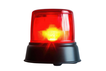 Red siren emergency warning light with black base that are currently on with white background PNG



