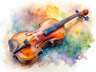 Fototapeta premium Vintage Watercolor Violin: Wet Wash Effect, Isolated on White Background