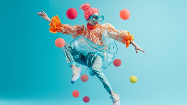Colorful and dynamic dancer in motion on a blue background