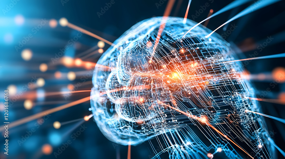 Poster Digital illustration of a glowing brain with interconnected lines and sparks representing neural connections