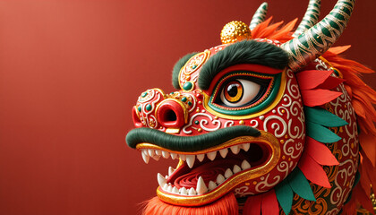 Obraz premium Colorful dragon mask in vibrant colors against a red background