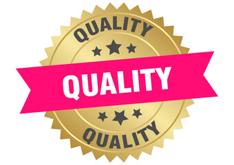 quality. quality round pink and gold label isolated on transparent background
