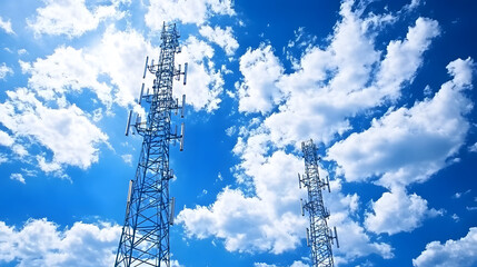 Obraz premium Two telecommunications towers against a bright blue sky with fluffy clouds