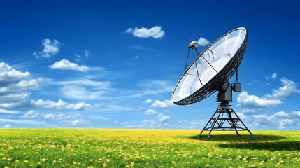 Satellite dish on a vibrant field under a clear blue sky with fluffy clouds