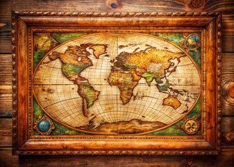 Fototapeta premium Vintage World Map Wooden Frame Aerial View Textured Background Stock Photo