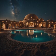 Naklejka premium A luxury desert resort with domed suites, sandy tones, and a pool oasis under a starry sky.