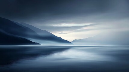 Naklejka premium Serene mountain lake sunrise; misty, calm water; peaceful landscape; nature background; ideal for travel brochure