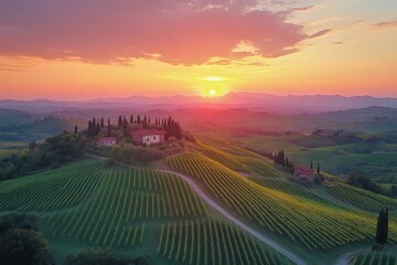 Stunning sunrise illuminating vineyards and farmhouse in tuscany, italy