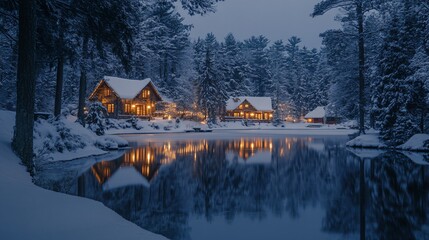 Fototapeta premium Village near a winter lake in the evening