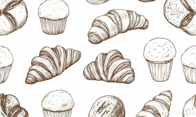 Delicious hand-drawn bakery seamless pattern featuring croissants, muffins, and bread. Perfect for menus, packaging, or bakery-themed designs.