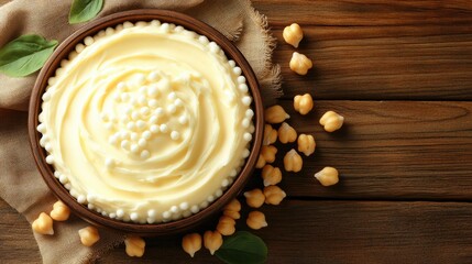 Creamy chickpea dip, wooden background, garnished, overhead
